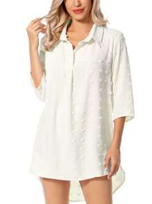Women Swimsuit Coverups Chiffon Swiss Dots Bikini Swimwear Beach Cover Up 3/4 Sleeve Flowy Pom Pom Summer Dress Shirt