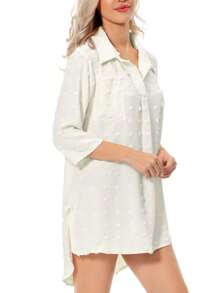 Women Swimsuit Coverups Chiffon Swiss Dots Bikini Swimwear Beach Cover Up 3/4 Sleeve Flowy Pom Pom Summer Dress Shirt