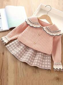 2pcs Young Girls Fashionable Collared Knitted Sweater And Ruched Skirt Set, Autumn/Winter - Pink - View 1