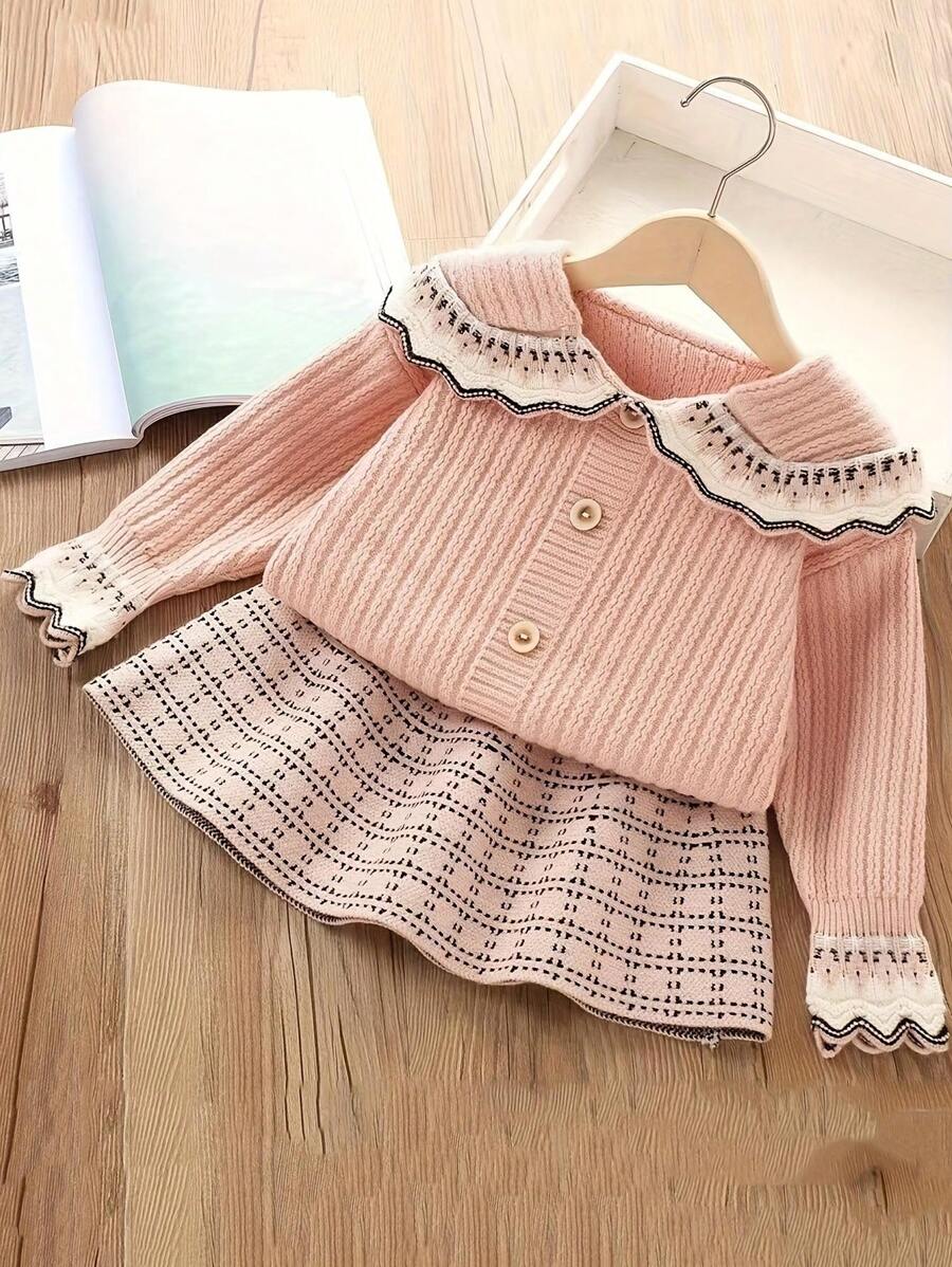 2pcs Young Girls Fashionable Collared Knitted Sweater And Ruched Skirt Set, Autumn/Winter - Pink - View 1