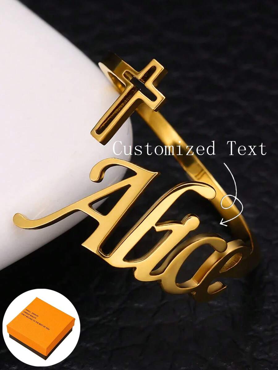 1PC DIY Nhẫn chữ thập tùy chỉnh cho nữ Nhẫn chữ thập rỗng có thể điều chỉnh Trang sức bằng thép không gỉ, Tên tùy chỉnh Phong cách hàng ngày đơn giản, Móc chìa khóa, Sản phẩm bao gồm Hộp quà tặng, Quà tặng ngày lễ tình nhân, Quà tặng sinh nhật, Quà tặng ngày của mẹ, Quà tặng hàng ngày Valentine - Vàng - Xem 1