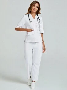 cimmuovere Short Sleeve Lab Surgery Scrubs Nurse Uniform  Clinic Beauty Salon Veterinary Surgeon Workwear Set With Cinching Waist & Pockets