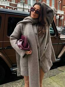 Ensemble 2 pièces TRAFZA pour femmes : Cardigan pull décontracté et écharpe, couleur unie, avec poches, pull chaud en tricot