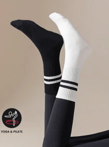 2 Paar Sport Outdoor Kniestrümpfe für Damen, gestreift & einfarbig, für Yoga und Outdoor Sport