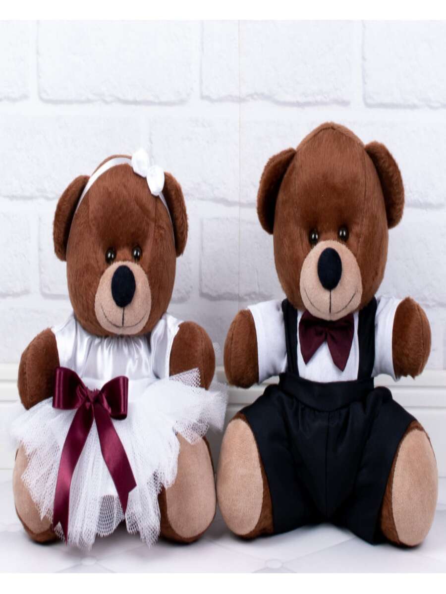 Casal Ursos Tedde Pelúcia Marrom 12 Cm Pajem Preto, Daminha Branca - 2 Pçs - Marsala - Visão 1