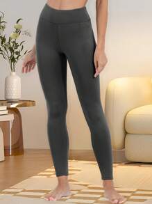 Women'S High Waist Thermal Lined Leggings, Polyester Blend, Knit Fabric, Machine Washable Casual Minimalist Cropped Skinny Pants For Winter Tights - Dark Grey - View 7