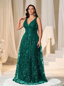 Faeriesty Curve Plus Women's Deep V-Neck Backless Sheer A-Line Evening Gown – Formal Banquet Dress, Wedding Photography, Red Carpet Event, Bridal Portrait, Gala Celebration Attire