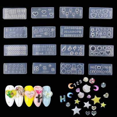 1 PC Beautiful Nail Art Silicone Mold 16 Designs Durable 3D Stereo Crystal Carving Jewelry Earring Pendant Mold Crystal Powder Carved Nail Art Tool