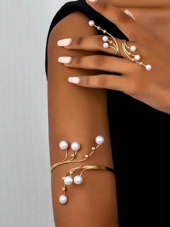 可爱线条图案珍珠手链和戒指礼品套装，女士派对配饰