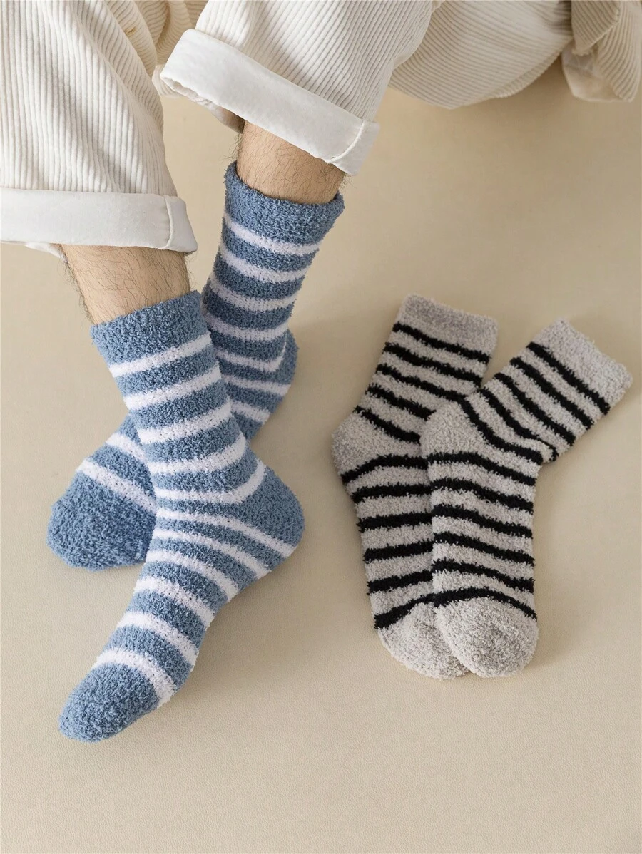 Norleigh 2 Pairs Men's Comfortable Solid Color Warm Soft Fleece Striped Black Socks, Cozy Fluffy Short Socks - Multicolor - View 1