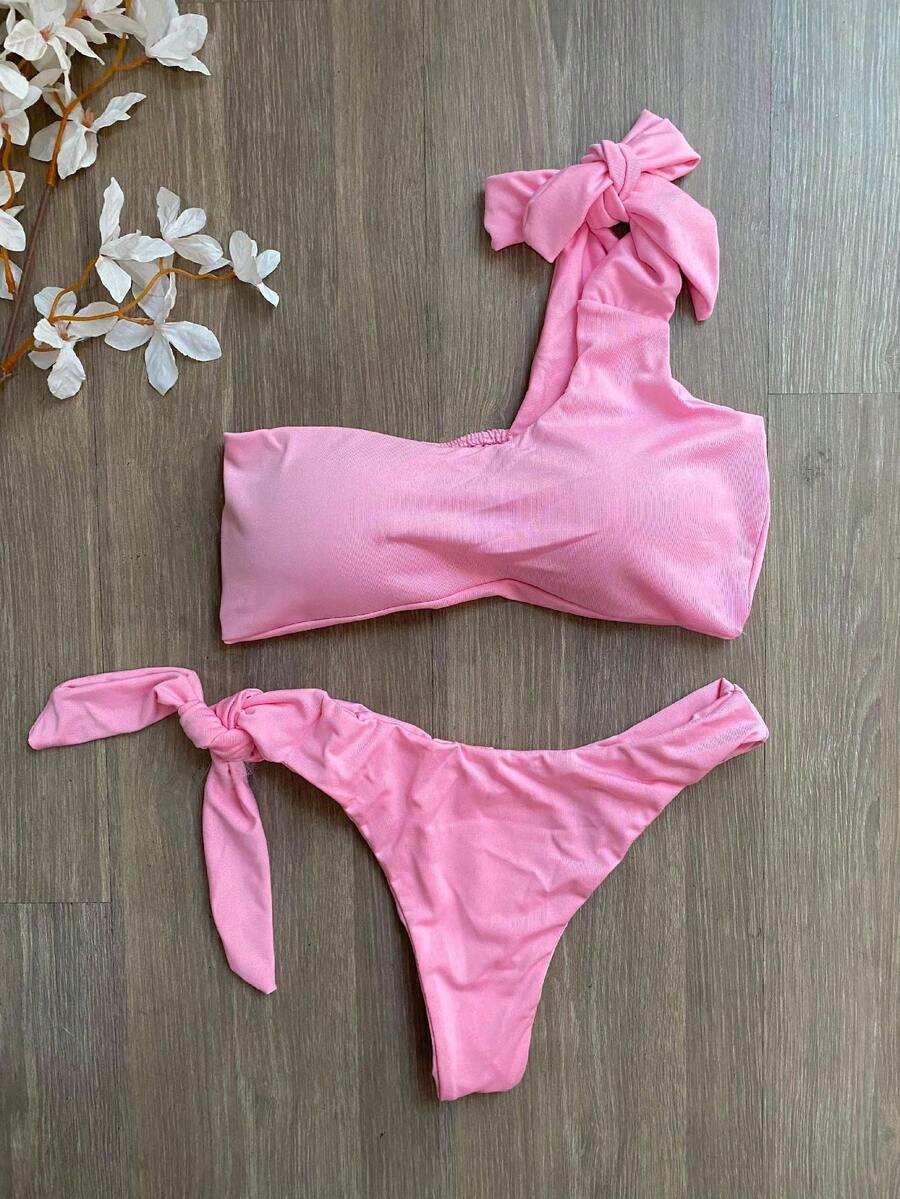 One-Sleeve Bikini With Bow And Delta Wing Beachwear Blogger - 淺粉色 - 查看 1