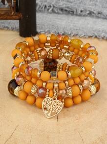 4 sztuki Boho Retro Style White Multi-Layer Pearl, Heart Pendant Women Bransoletki Zestaw