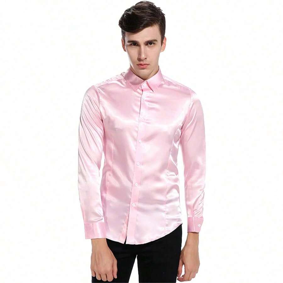 Camisas De Vestir De Seda Satinada Brillante Para Hombre,Camisa suave de satén de seda de manga larga para hombre, camisa formal informal, camisa de noche brillante, estilo otoño e invierno - Rosa - Ver 1