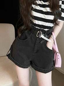 Quần short denim nữ cạp cao, ống rộng, dáng suông, phong cách đường phố thường ngày (có thắt lưng) - màu đen - Xem 1
