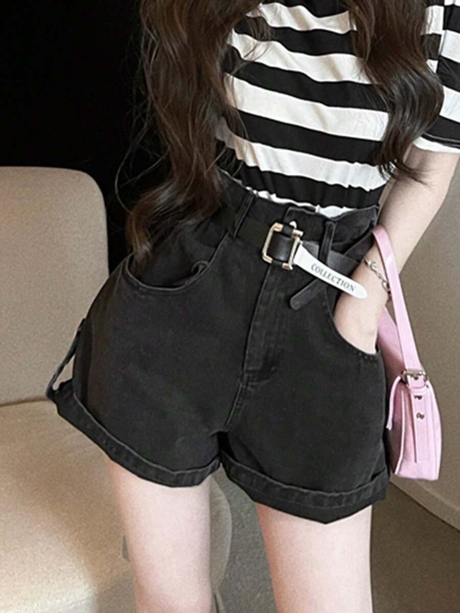 Quần short denim nữ cạp cao, ống rộng, dáng suông, phong cách đường phố thường ngày (có thắt lưng) - màu đen - Xem 1