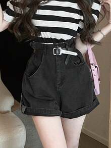 Quần short denim nữ cạp cao, ống rộng, dáng suông, phong cách đường phố thường ngày (có thắt lưng) - màu đen - Xem 5