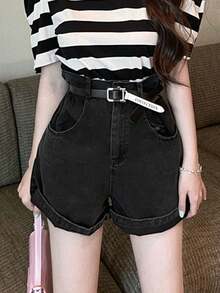 Quần short denim nữ cạp cao, ống rộng, dáng suông, phong cách đường phố thường ngày (có thắt lưng) - màu đen - Xem 4