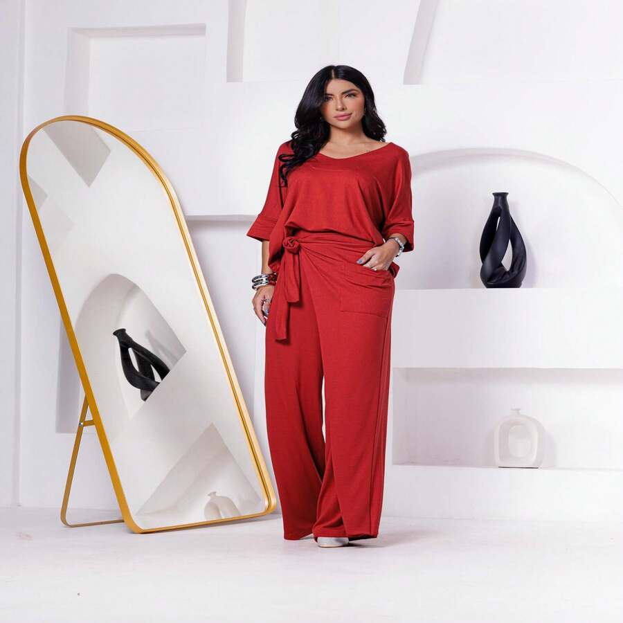 Noelia Set With Wide Leg Pants And Flare Sleeve Blouse - 紅色 - 查看 1
