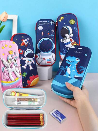 1 pieza Estuche de lápices de cartón 3D lindo y de dibujos animados, estuche de bolígrafo de astronauta, soporte de bolígrafo, bolsa de lápices de gran capacidad, caja de almacenamiento de papelería de aprendizaje