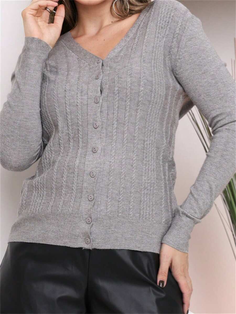 Bamboo Yuan Fashion Basic Elastane Knit Button Winter Long Sleeve Cold Coat With Details Women Thick Winter Design Wool Suede Printed Details - Xám - Xem 1