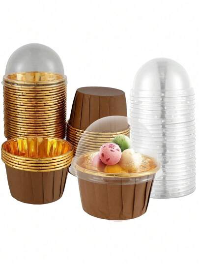 20/25/30个粉色/棕色/白色卷边纸杯带盖，蛋糕杯，烘焙松饼、戚风蛋糕、慕斯蛋糕，耐高温铝箔蛋糕杯，面包烤箱蛋糕模具，适用于婚礼和派对、节日蛋糕甜点，卷边杯，情人节派对，家居装饰，家居礼品