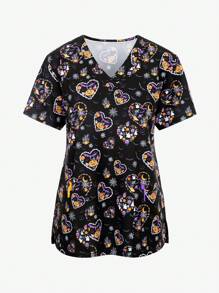 Women's Halloween Digital Print Cartoon Pattern Elastic Sports Nurse Uniform, Breathable Scrub Shirt With Pockets