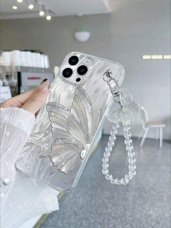 1 Peça Capa de Telefone à Prova de Choque com Padrão de Borboleta Transparente TPU Prata e 1 Peça de Corda de Pulso de Borboleta Transparente Correspondente, Compatível com Telefones Apple/Android, Como Galaxy, OPPO