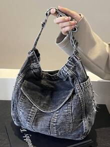 女士 Y2K 甜美酷炫纯色牛仔单肩包，潮流户外度假旅行腋下包，复古商务休闲日常工作通勤方形手提包，校园风格大容量多口袋学生手提包 - 黑色 - 查看 3