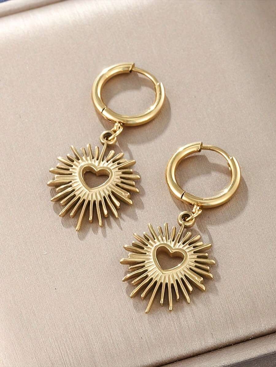 1 对复古空心心形不锈钢金色吊坠耳环，适合女士日常佩戴 - 金黃色 - 查看 1