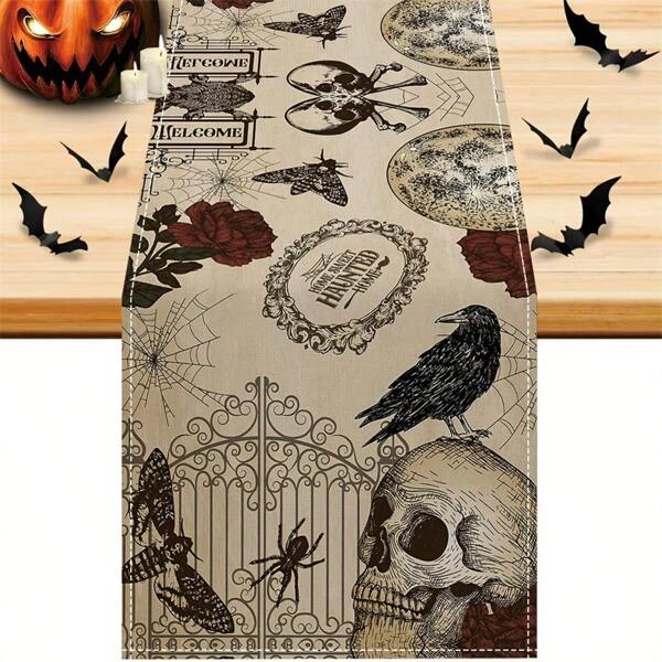1 Stück, Halloween Schädel & Tag der Toten Rosen Muster Tisch Läufer - Gothic Polyester Design für Heim Dekoration und Halloween Partys