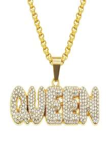 Fashionable Unisex Queen 60cm Rhinestone Decor Pendant, Hip-Hop Jewelry Necklace, Christmas, New Year, Valentine's Day Gifts - Gold QUEEN Pendant + Pearl Chain - View 2