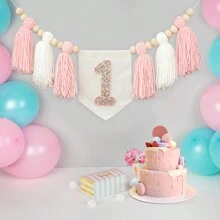 1 岁生日粉色高脚椅彩旗、流苏花环、波西米亚风流苏挂花环、闪亮卧室装饰、家居装饰、房间装饰、墙壁装饰