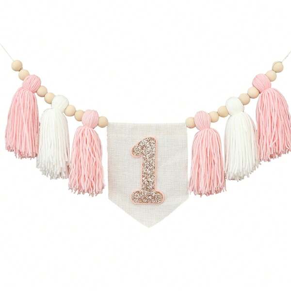 1st Birthday Pink High Chair Bunting, Tassel Floral Wreath, Boho Tasseled Hanging Garland, Sparkly Bedroom Decor,Home Decor ,Room Decor,Wall Decor Gifts Graduation