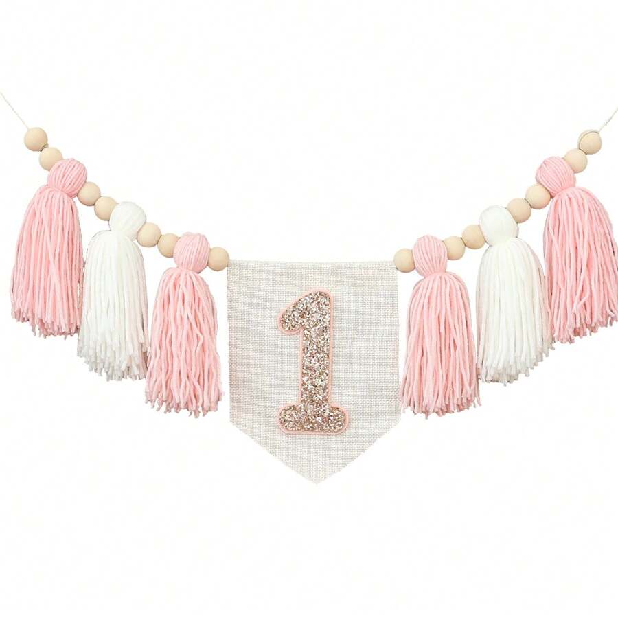 1 岁生日粉色高脚椅彩旗、流苏花环、波西米亚风流苏挂花环、闪亮卧室装饰、家居装饰、房间装饰、墙壁装饰