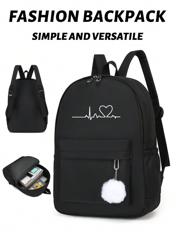 1 pieza Mochila casual versátil y minimalista de moda con estampado de corazón y mariposa, color negro, gran capacidad para estudiantes, ir al trabajo y viajar