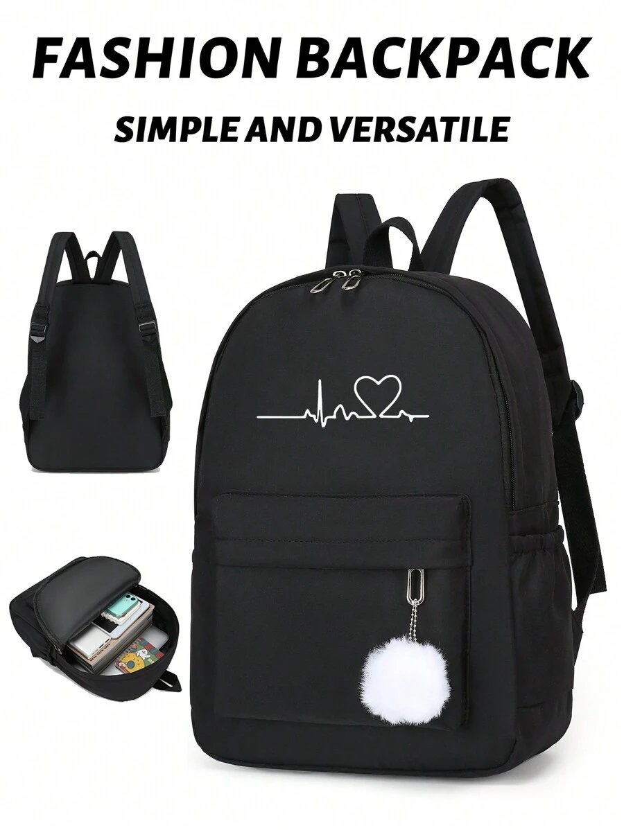 1pc Black Fashionable Minimalist Versatile Heart & Butterfly Print Casual Backpack, Large Capacity For Students, Commuting & Travel, School Backpack - Black - View 1