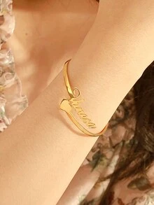 1 件流行时尚 DIY 女士定制名字手链不锈钢个性化手链首饰女士手链，可定制名字简约日常风格，钥匙扣，产品包括礼品盒，情人节礼物，生日礼物，母亲节礼物，日常礼物 - 金色 - 查看 3