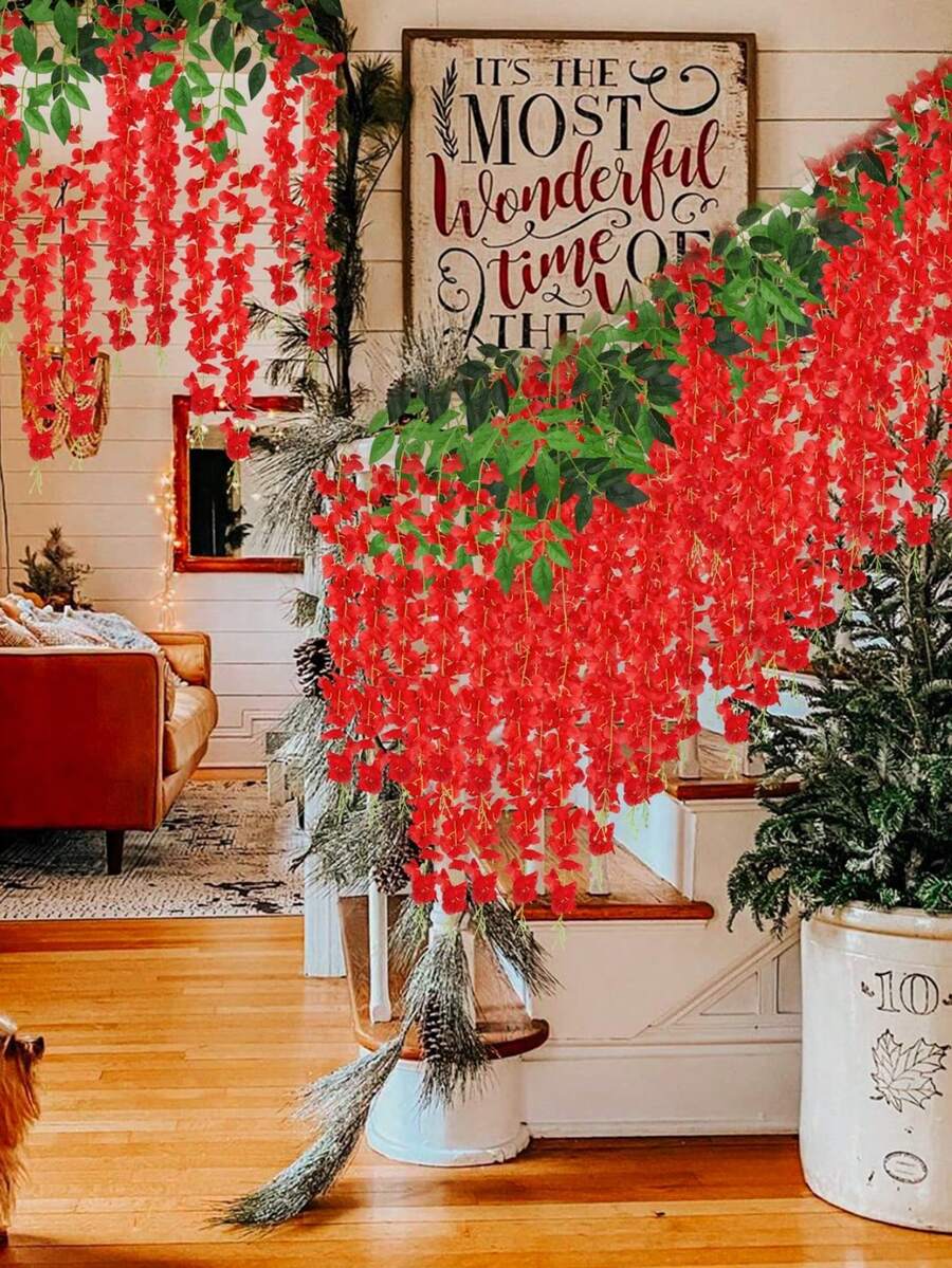 MEHELANY 12 Dây hoa tử đằng nhân tạo (105cm/41,37") Dây hoa tử đằng giả treo Vòng hoa treo màu đỏ hoa nhân tạo Lá lụa dài treo bụi dây trang trí tiệc cưới tại nhà - Đỏ - Xem 1