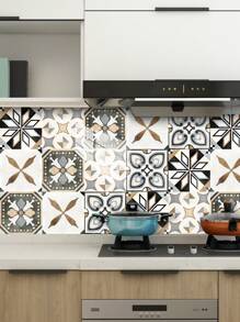 10 pièces Autocollant mural imitation carreau céramique imprimé de motif floral en PVC, papier peint autocollant en mosaïque DIY, décoration murale imperméable anti-saleté pour la cuisine, la salle de bain et le salon
