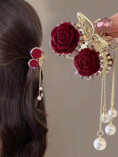 1pc Women's Small Rhinestone Rose Flower & Butterfly Design Hair Clip Suitable For Daily Wear Elegant Tiaras Valentine's Day Valentines Hair Claws Claw Clips Hair Clips Hair Jaw Clip Hair Clamps Hair Clutch Hair Catcher Clip, School Stuff, College Fall Winter Hair Accessories For Women For Vacation Outfits Woman