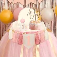 Handmade First Birthday Shiny Decorative Fuzzy Pompom Hat, Pink Knitted Fringe Garland Room Decor For Birthday