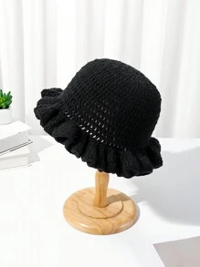 1pc New Green Bohemian Hollow Pleated Handmade Crochet Bucket Hat, Suitable For Holidays And Daily Outfit