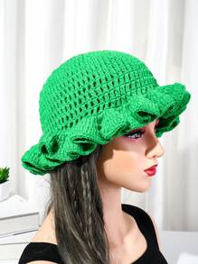 1pc New Green Bohemian Hollow Pleated Handmade Crochet Bucket Hat, Suitable For Holidays And Daily Outfit