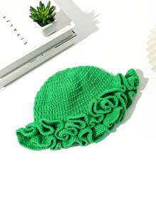 1pc New Green Bohemian Hollow Pleated Handmade Crochet Bucket Hat, Suitable For Holidays And Daily Outfit
