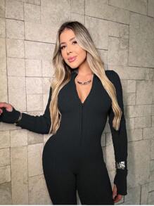 Virginia Ribbed Jumpsuit Tricot Modal With Zipper On The Front Great Quality Women's Jumpsuit Long Sleeve Fashion Style - Hitam - View 1