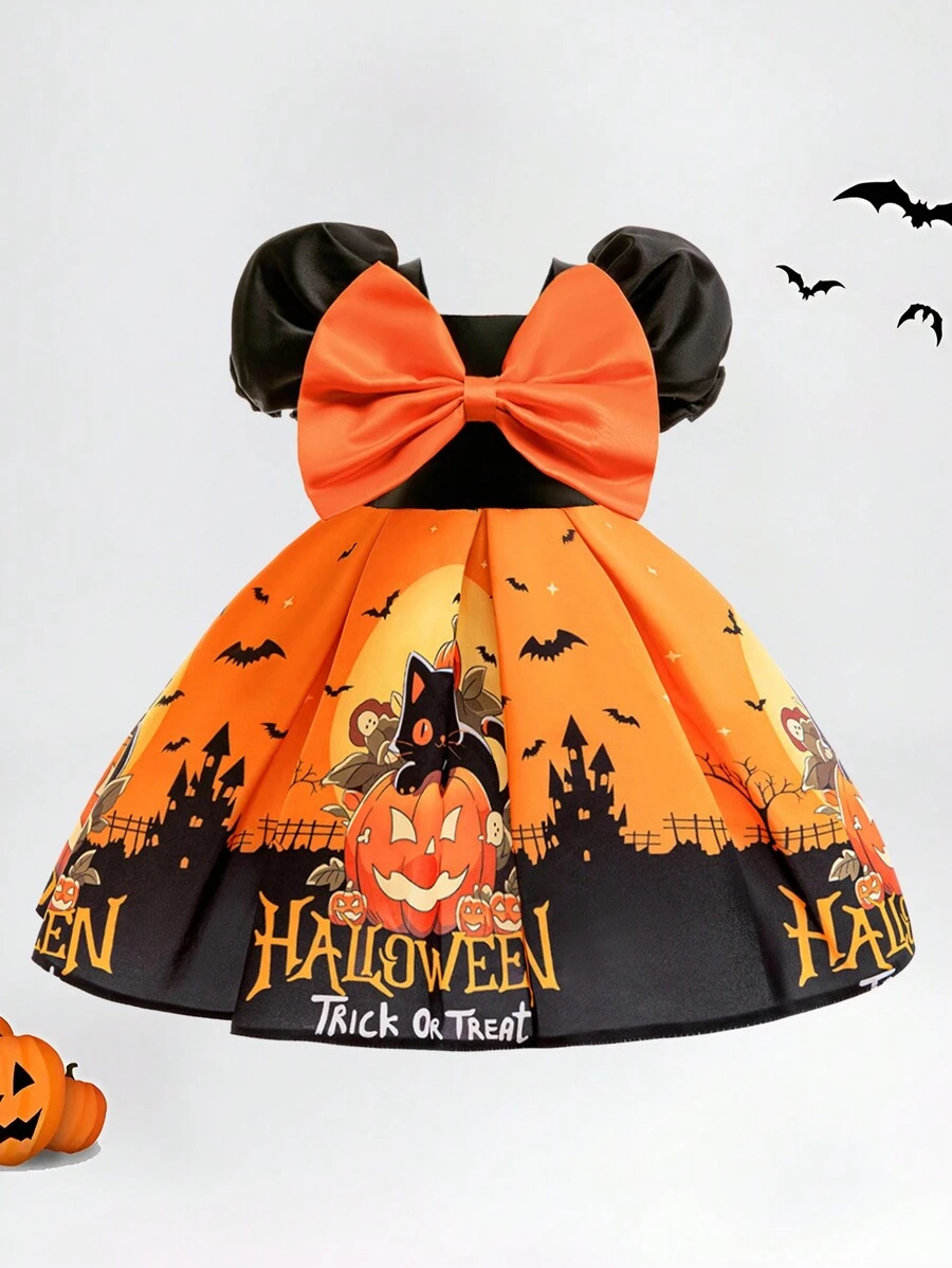 فستان أميرة لحفلة هالوين للبنات الصغيرات بنقشة الخفافيش والقرع Trick Or Treat، قماش مقصوص عشوائيًا، عصابة الرأس والحقيبة اليدوية غير مشمولة - متعدد الألوان - مشاهدة 1