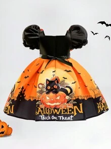 Baby Girls' Halloween Party Princess Dress With Random Bat & Pumpkin Prints, Excluding Hair Accessories And Handbag