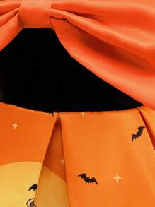 Baby Girls' Halloween Party Princess Dress With Random Bat & Pumpkin Prints, Excluding Hair Accessories And Handbag