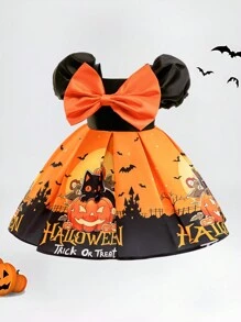 Baby Girls' Halloween Party Princess Dress With Random Bat & Pumpkin Prints, Excluding Hair Accessories And Handbag