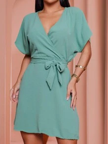 Duna Women's Short Dress V-Neck With Belt And Padded Batwing Sleeve M L XL - 薄荷綠 - 查看 1